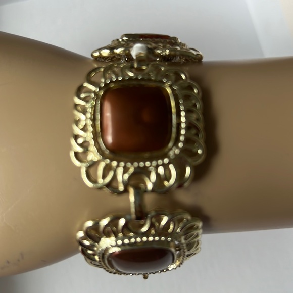 Vintage Brown Moonglow Lucite Bracelet Reversible Swivel Links Gold Tone Panel - Picture 1 of 9